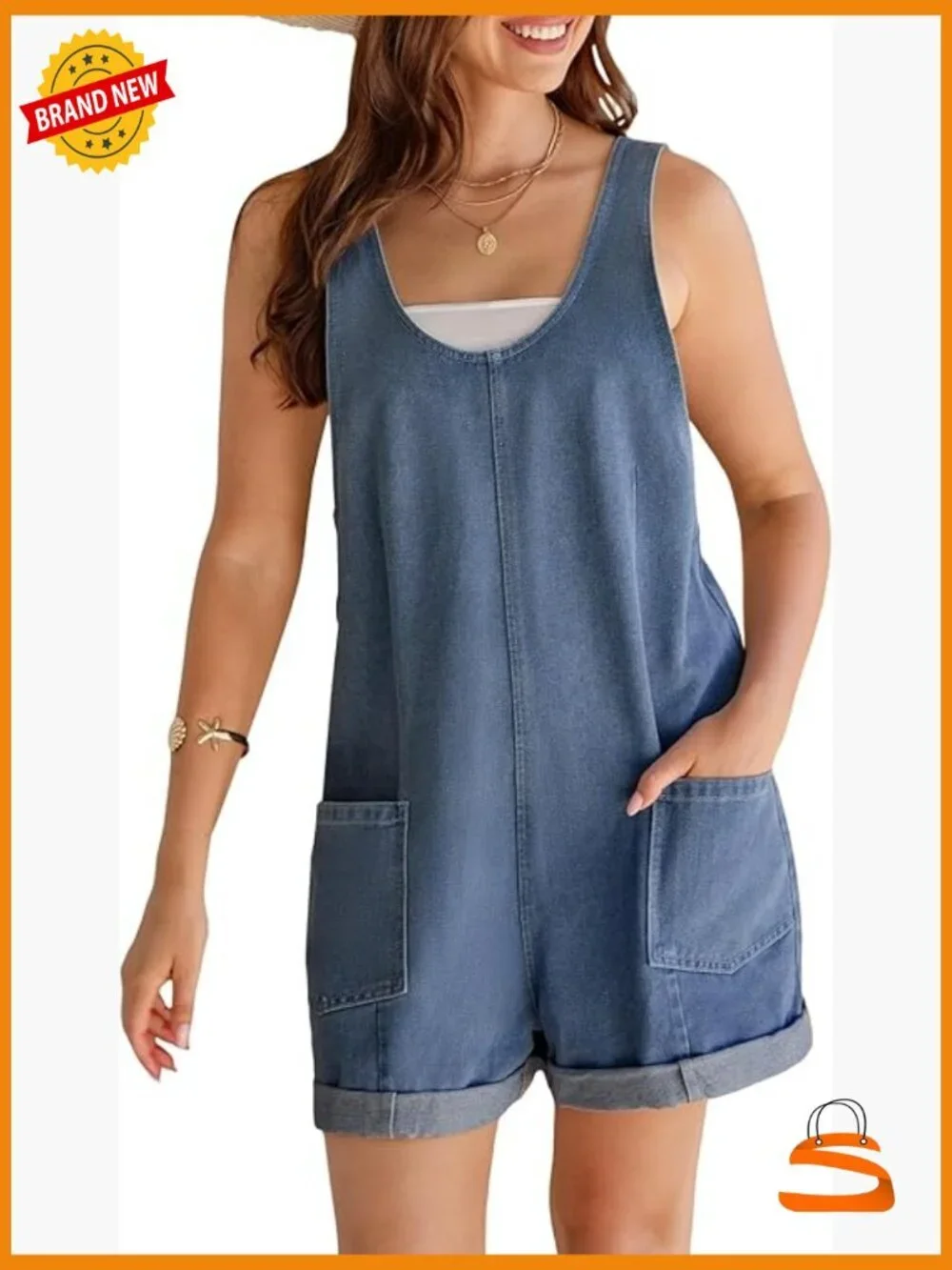 Sleeveless Denim Overalls Romper with Pockets Rolled Cuff Casual Summer
